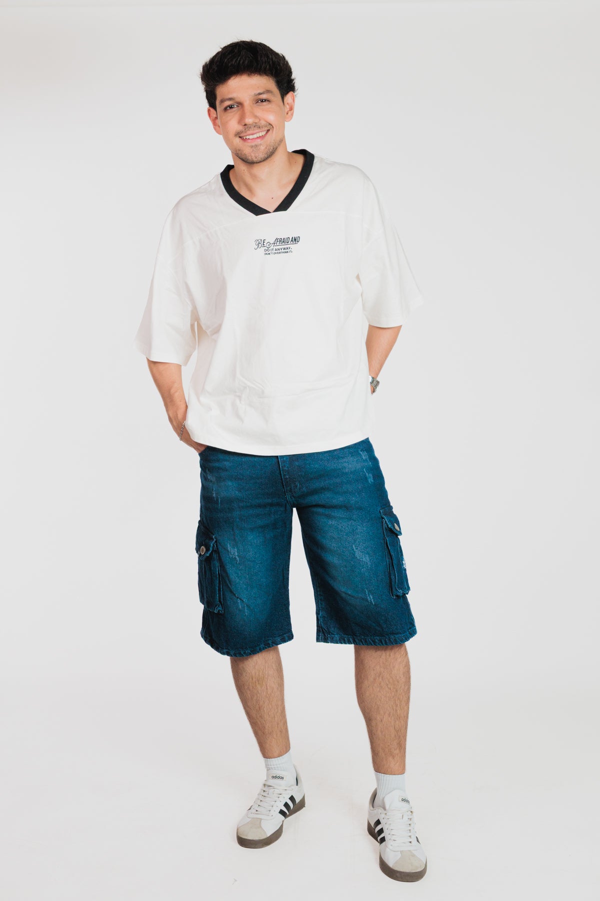 Azul oscuro - Bermuda baggy cargo en denim para hombre REF 051 BOTH+HIS
