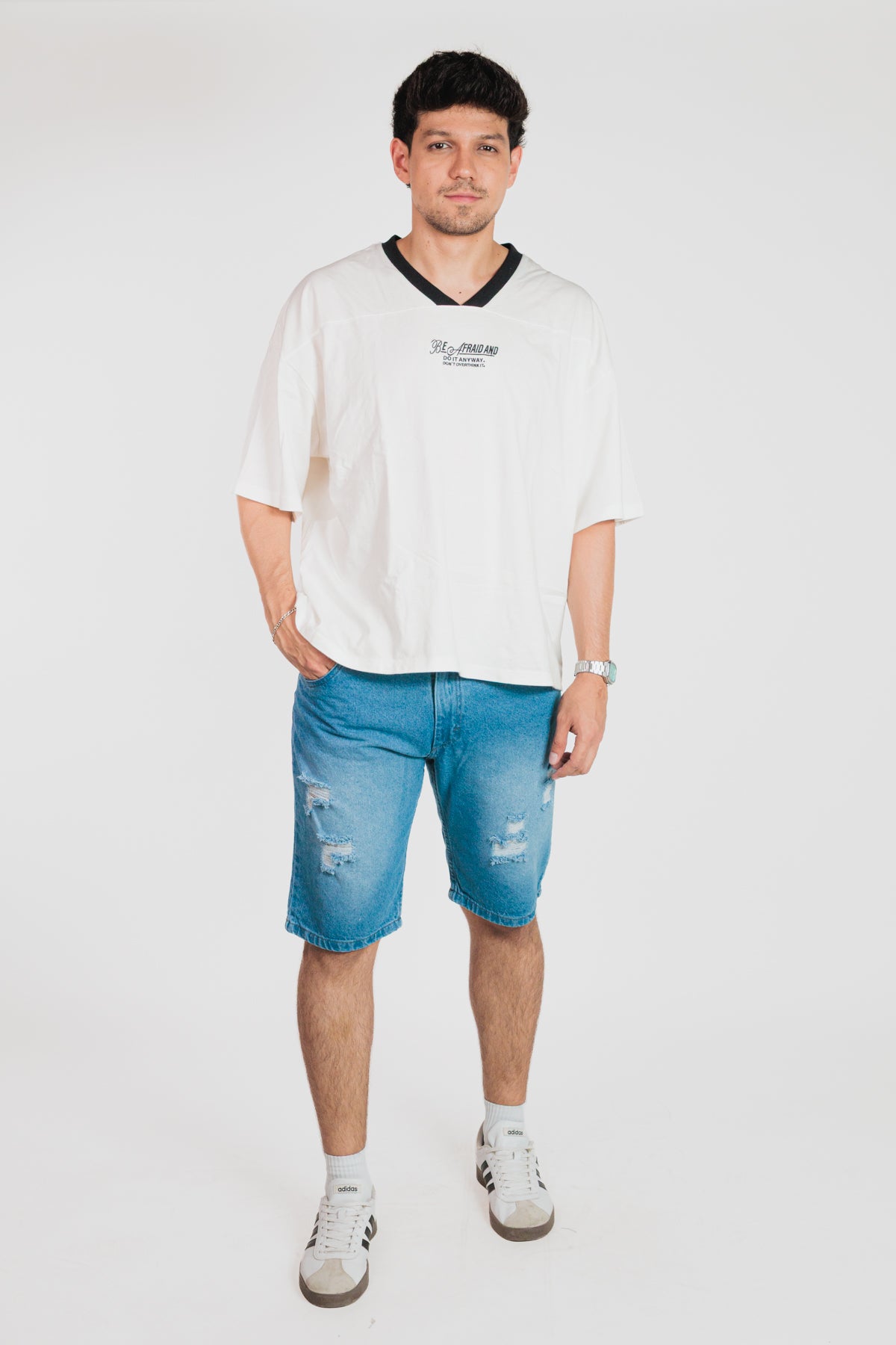 Azul medio - Bermuda clásica en denim rígido para hombre REF 0114 BOTH+HIS